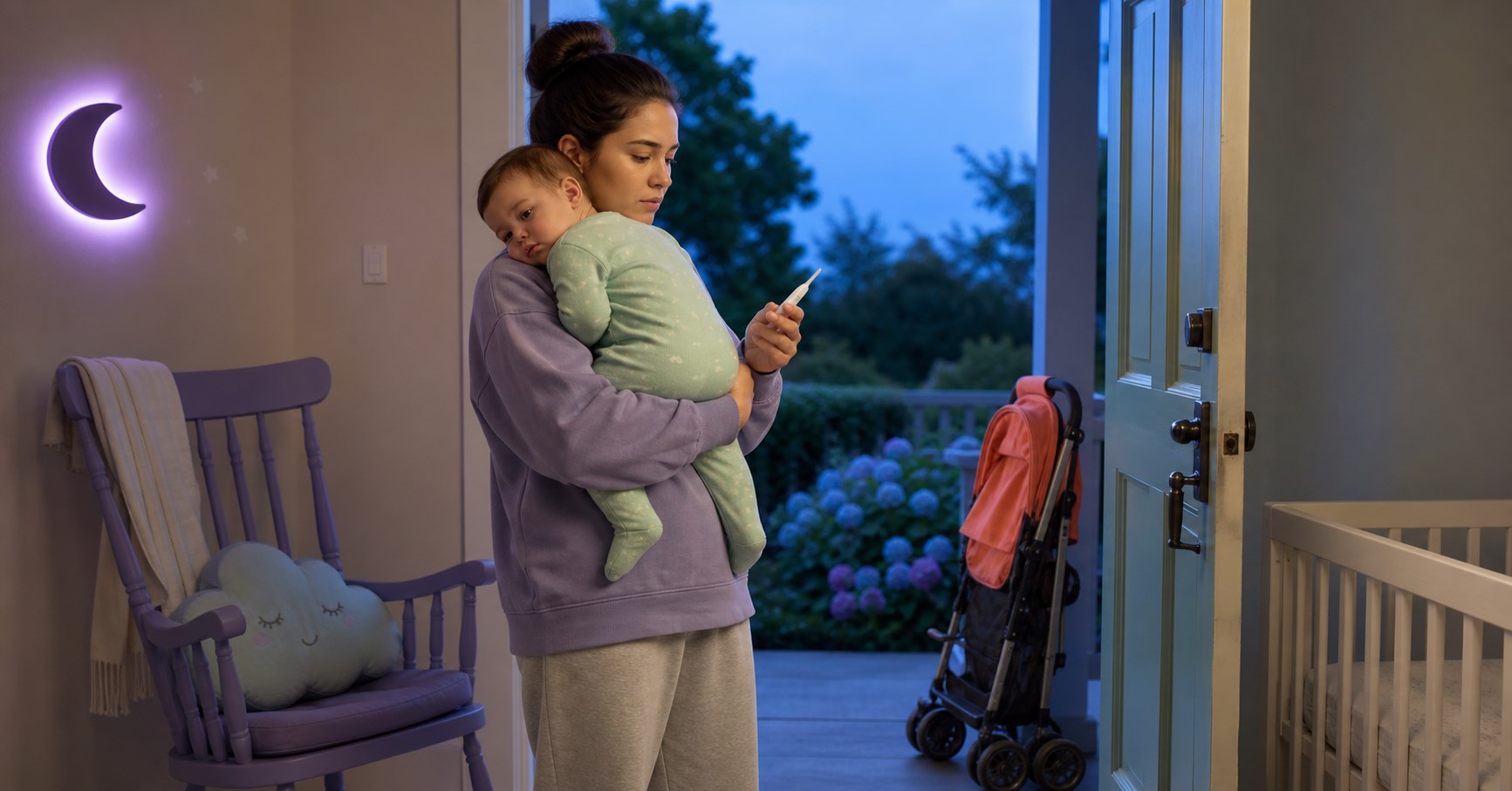 Parent holding a mildly tired baby and checking an unbranded thermometer beside an open door and folded stroller at dusk