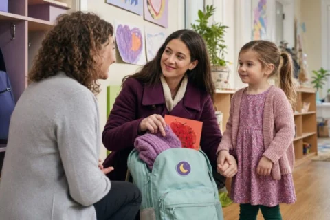 Parent packing a mint preschool backpack while holding a young child’s hand and talking with a teacher