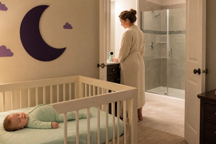 A baby sleeps safely in a bare crib while a nearby caregiver checks a monitor beside an empty shower.