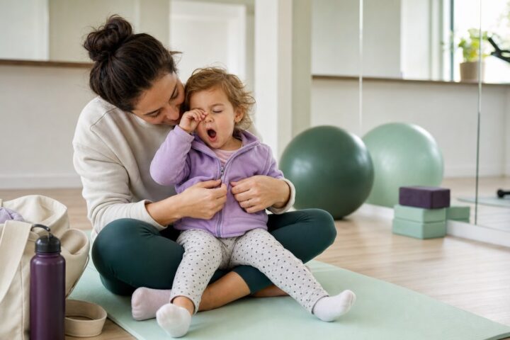 A caregiver zips a lavender jacket on a yawning toddler seated on a mint exercise mat in a bright gym.