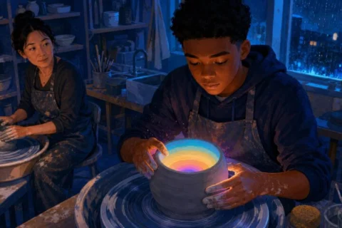 Teenage boy with a neutral expression shapes a clay vessel glowing with color as his mother works at another pottery wheel nearby.