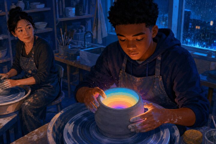 Teenage boy with a neutral expression shapes a clay vessel glowing with color as his mother works at another pottery wheel nearby.