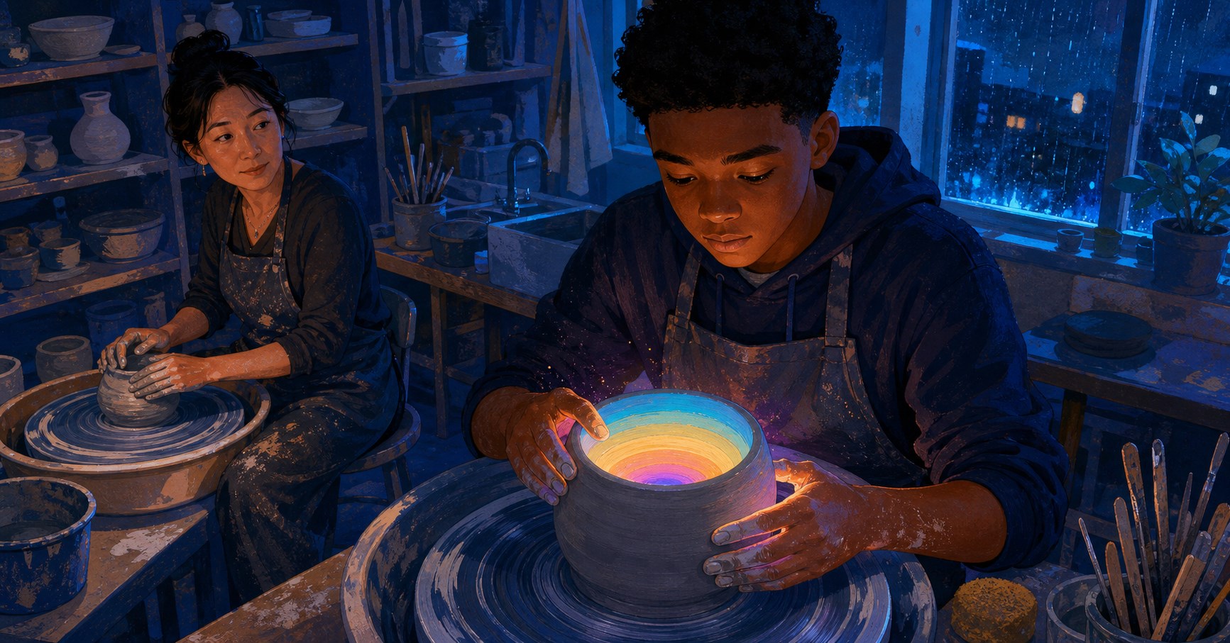 Teenage boy with a neutral expression shapes a clay vessel glowing with color as his mother works at another pottery wheel nearby.