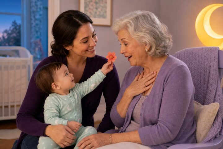 Baby offering a coral flower to a smiling silver-haired grandmother while an adult daughter looks on warmly at dusk
