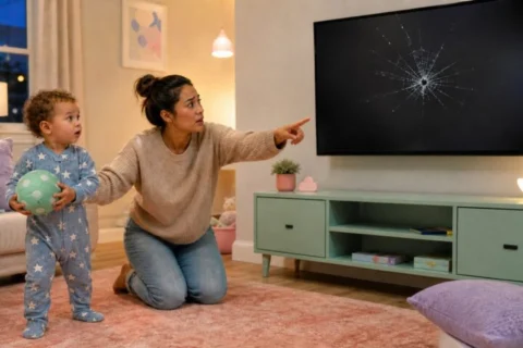 Parent guides a toddler holding a foam ball away from a cracked wall-mounted television.