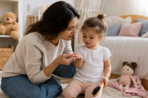 Parent and toddler looking at a loose strand of hair in a calm bedroom.