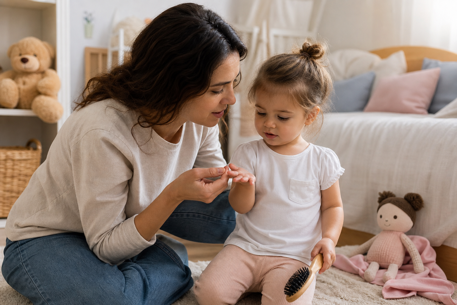 Parent and toddler looking at a loose strand of hair in a calm bedroom.