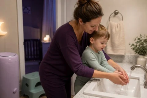 Caregiver helping a fully clothed toddler wash hands beside a closed lavender diaper pail and moon night-light