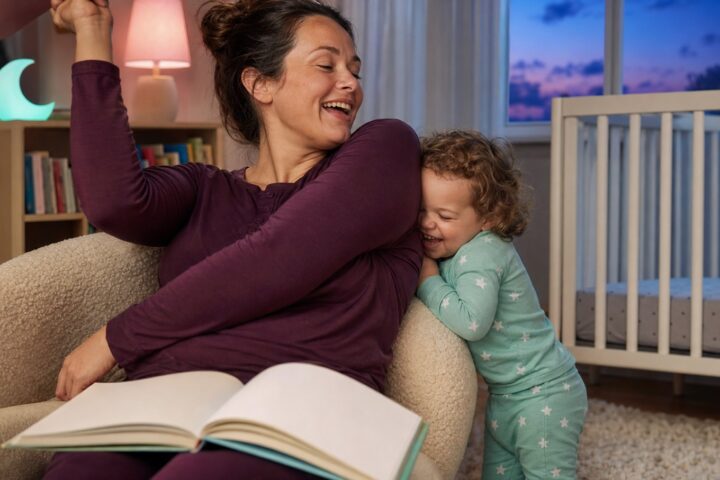 Laughing toddler in mint pajamas nuzzles into the fabric-covered side under the raised arm of a seated parent during story time.