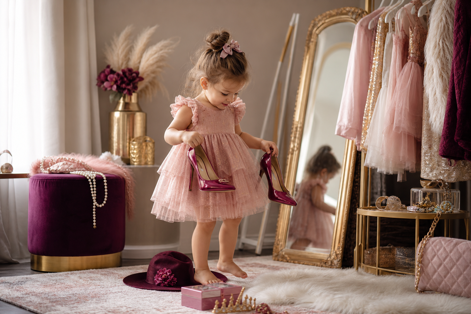 Toddler in a pink dress holding a pair of magenta high heels in a dressing room.