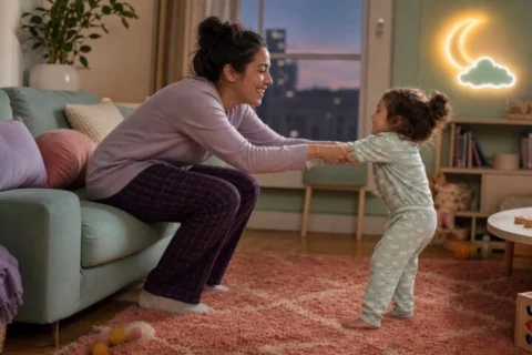 Pajama-clad toddler pulls both hands of her smiling mother as Mom tries to sit on the sofa.