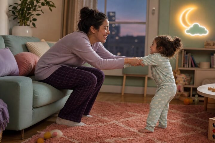 Pajama-clad toddler pulls both hands of her smiling mother as Mom tries to sit on the sofa.