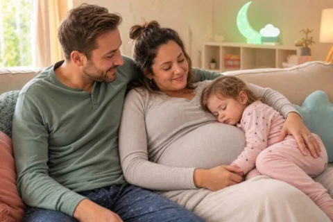 Toddler naps with her cheek on the clothed pregnant belly while both parents stay awake on the sofa.