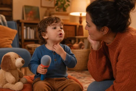 Toddler speaking into a toy microphone while a caregiver listens closely in a warm living room.