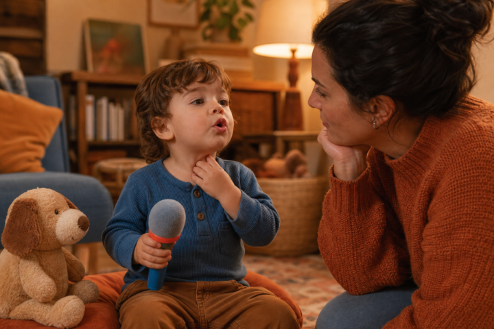 Toddler speaking into a toy microphone while a caregiver listens closely in a warm living room.