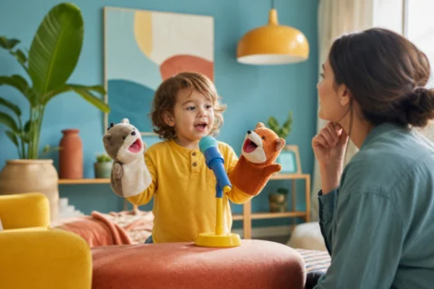 Toddler holding two hand puppets beside a toy microphone while a caregiver listens in a bright playroom.