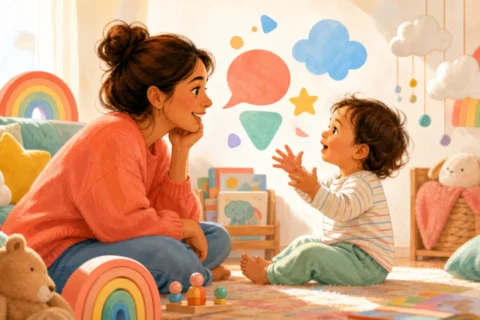Toddler talking to a parent in a rainbow playroom.