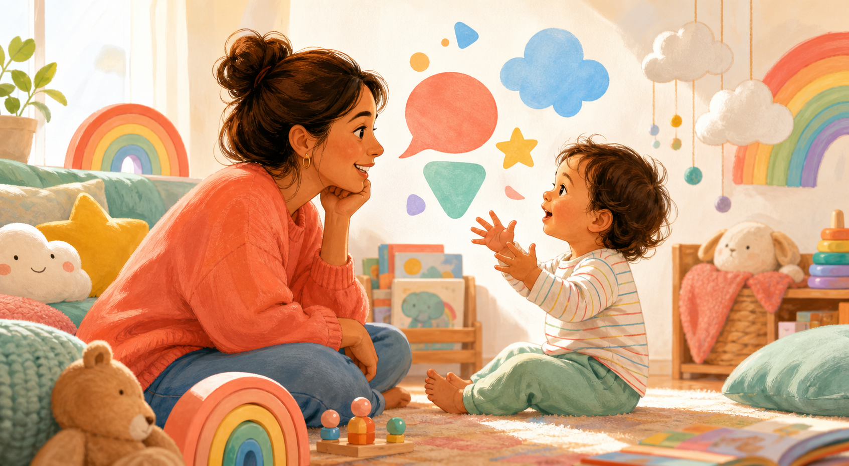 Toddler talking to a parent in a rainbow playroom.