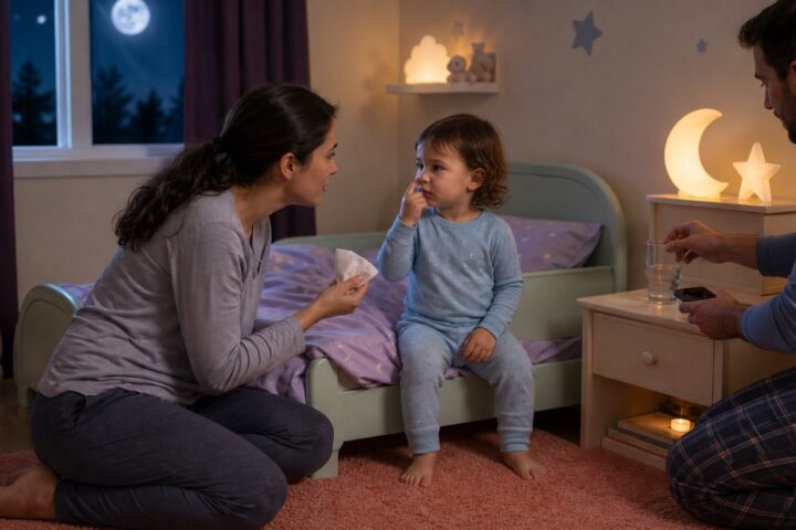 Toddler in blue pajamas touches their nose while one parent offers a tissue and another brings water beside a low bed.