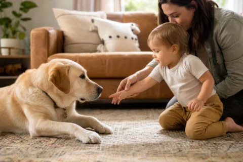 Adult gently guiding a toddler away from a calm family dog in a cozy living room.