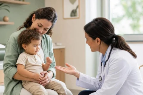 Toddler sitting on a parent's lap with one fist closed while a pediatrician kneels nearby with an open hand.