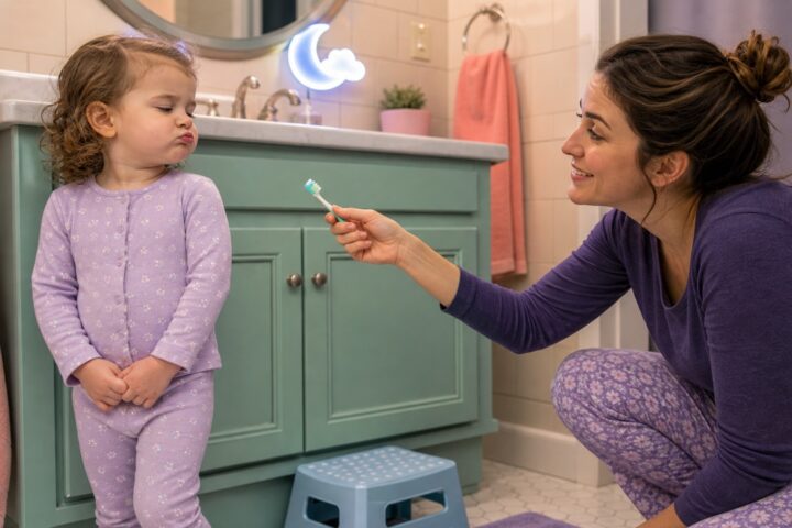 Toddler in lavender pajamas keeps their lips closed while a kneeling parent gently offers a toothbrush in a mint bathroom.