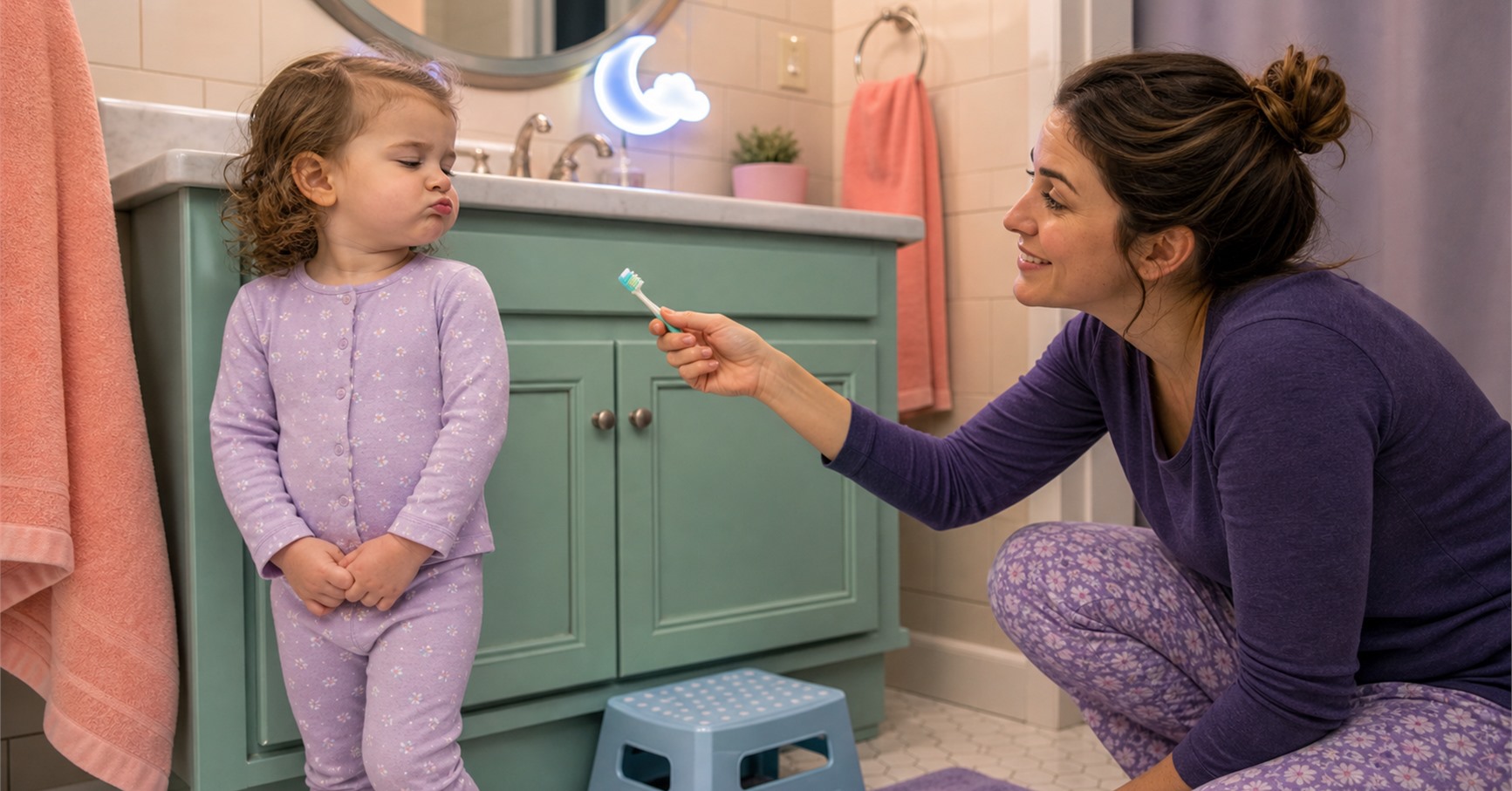 Toddler in lavender pajamas keeps their lips closed while a kneeling parent gently offers a toothbrush in a mint bathroom.