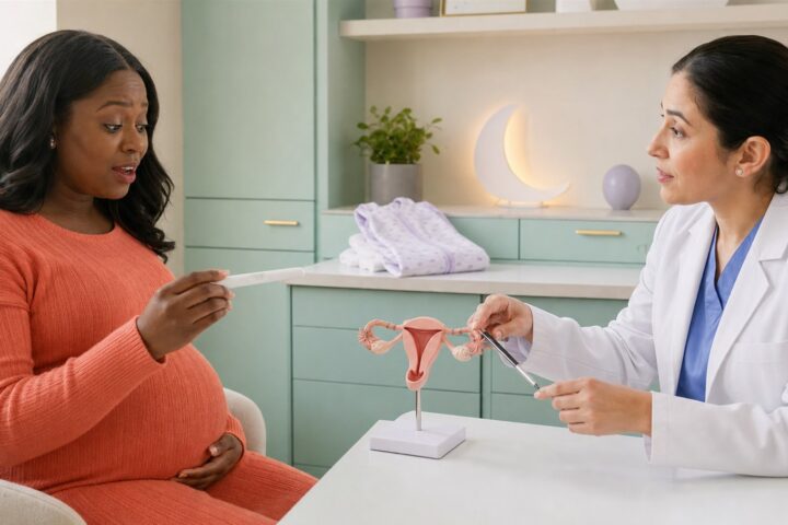 Pregnant woman holding a home pregnancy test as a clinician points to a uterus model with clips on both fallopian tubes.