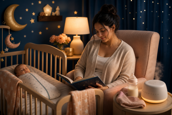 Parent reading beside a sleeping baby in a nursery with a bottle and white-noise machine on the table.