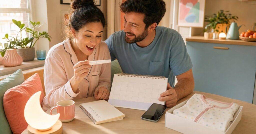 Woman holds a positive pregnancy test as her partner opens a blank calendar beside a phone and checklist.