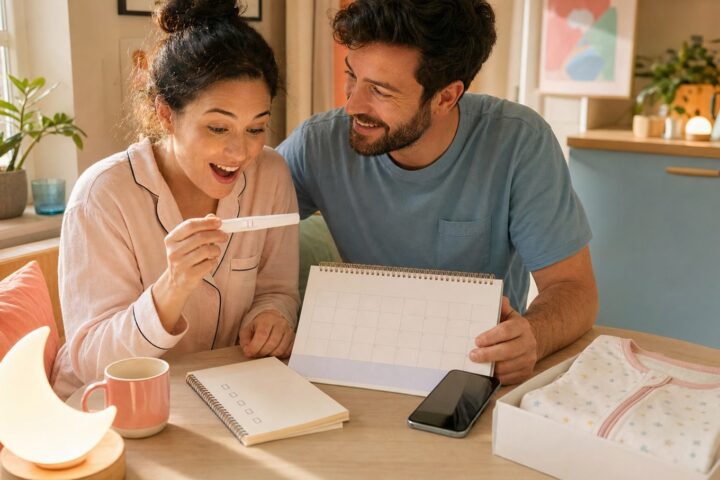 Woman holds a positive pregnancy test as her partner opens a blank calendar beside a phone and checklist.
