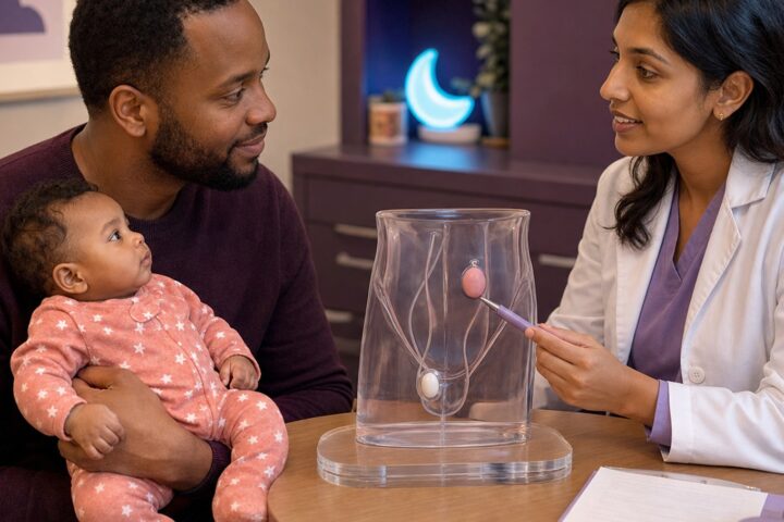 Pediatric urologist points to a model showing one testicle higher in the groin while a father holds his fully clothed baby.