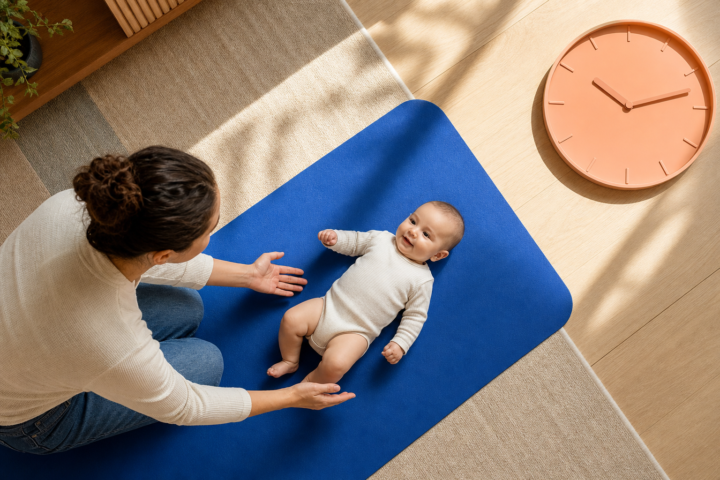 Parent watches an awake baby beside a large peach clock