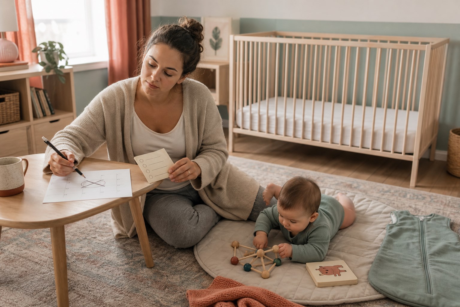 Mother replaces a circled calendar date with a readiness checklist while her awake baby plays beside an empty crib.