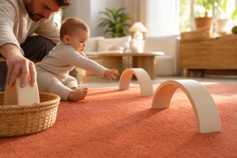 Father and baby reach toward two wooden arches on a coral rug