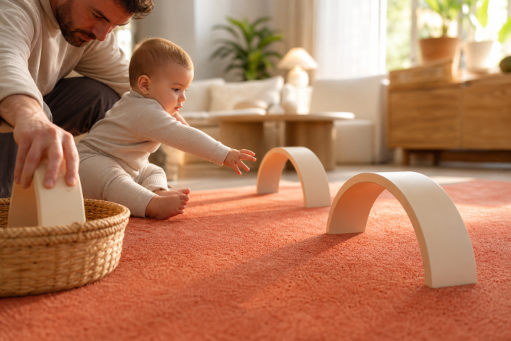 Father and baby reach toward two wooden arches on a coral rug