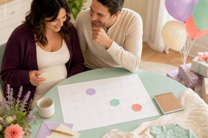 Expectant parents comparing pastel date markers on a blank calendar beside baby shower gifts