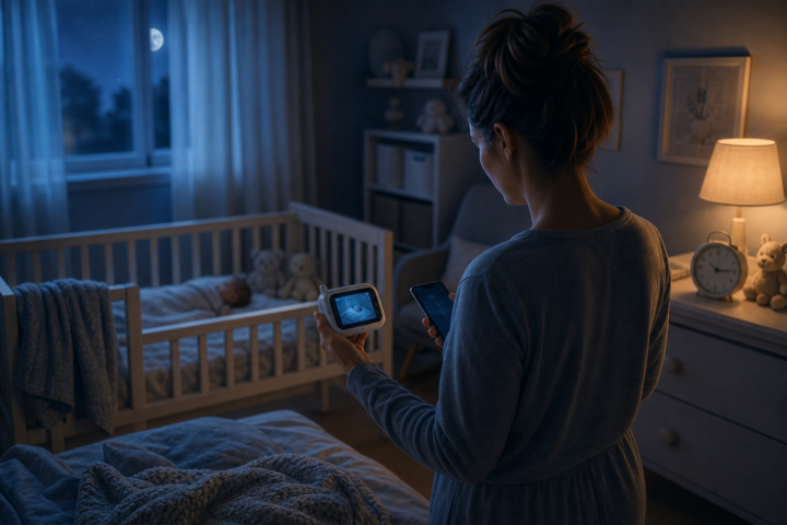 Parent standing beside a crib at night holding a baby monitor and phone under a warm lamp