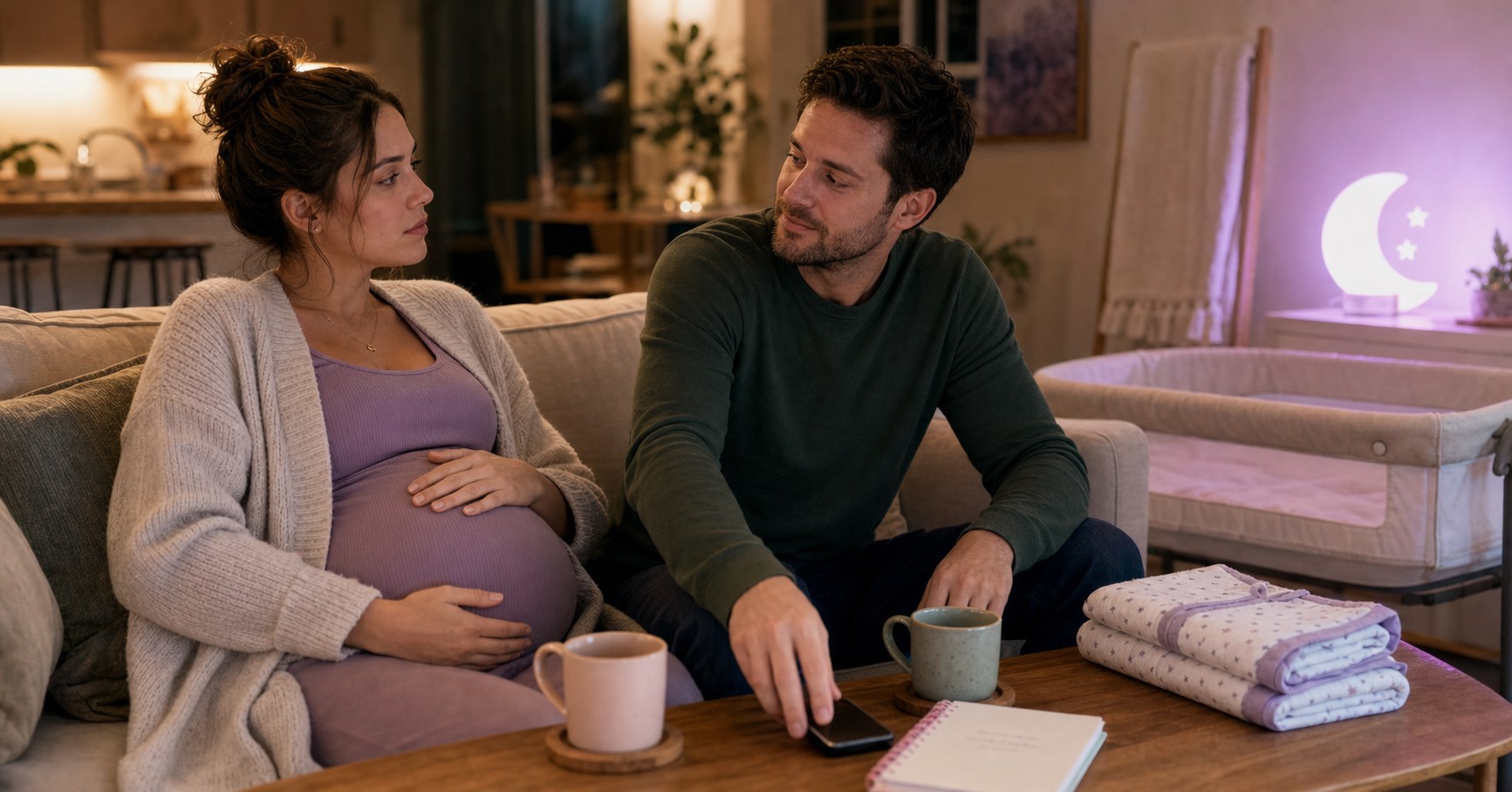 Pregnant woman gives her partner a guarded look as he puts his phone down during an evening conversation