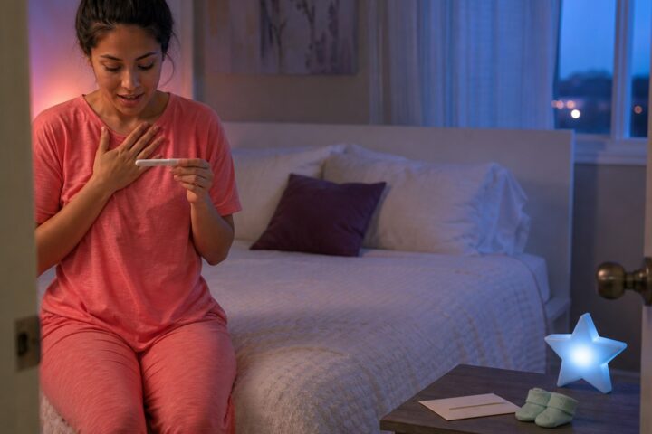 Woman in coral pajamas looks at a pregnancy test with one hand over her heart beside tiny baby socks.