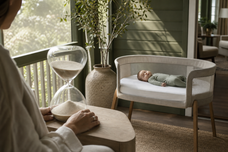 Caregiver watches an infant sleeping safely in a porch bassinet beside an hourglass