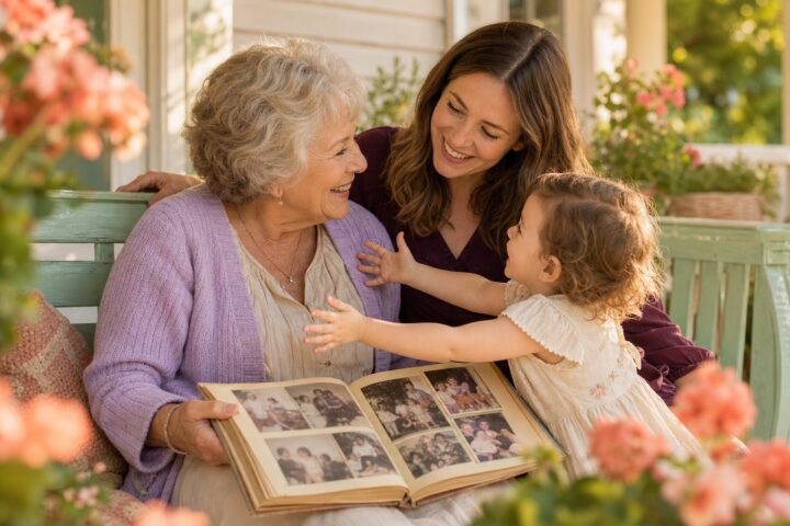Grandmother, adult grandchild, and toddler sharing an old family photo album on a sunny porch