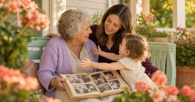 Grandmother, adult grandchild, and toddler sharing an old family photo album on a sunny porch