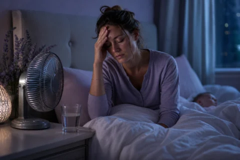 Tired parent sitting in bed beside a fan and glass of water in a dim bedroom.
