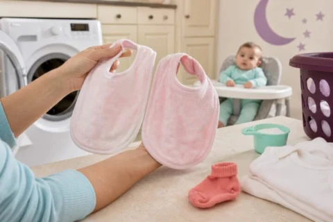 Caregiver holding two pink-tinted baby bibs beside white laundry and a coral sock near an open washer