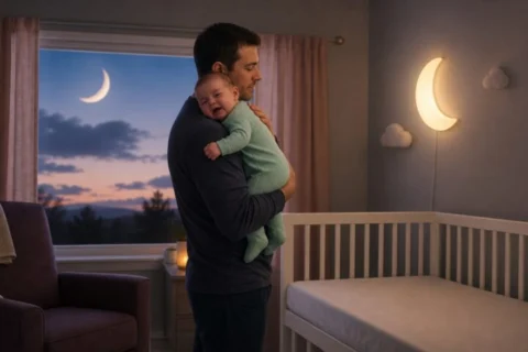 A father calmly rocks a mildly fussing baby in mint pajamas beside an empty crib at twilight.