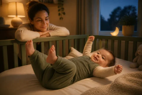 Baby stretching and kicking in a crib while a parent watches nearby.
