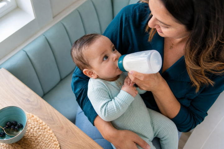 Parent holds an alert baby upright while offering a bottle by a sunny window.