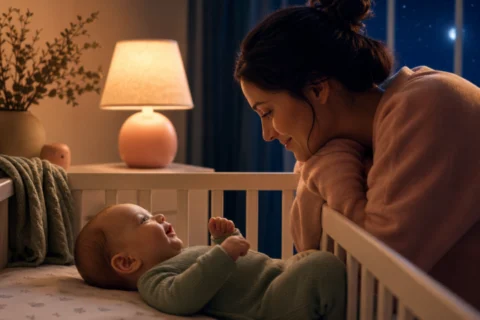 Baby lying in a crib and cooing while a parent leans over the rail and smiles.