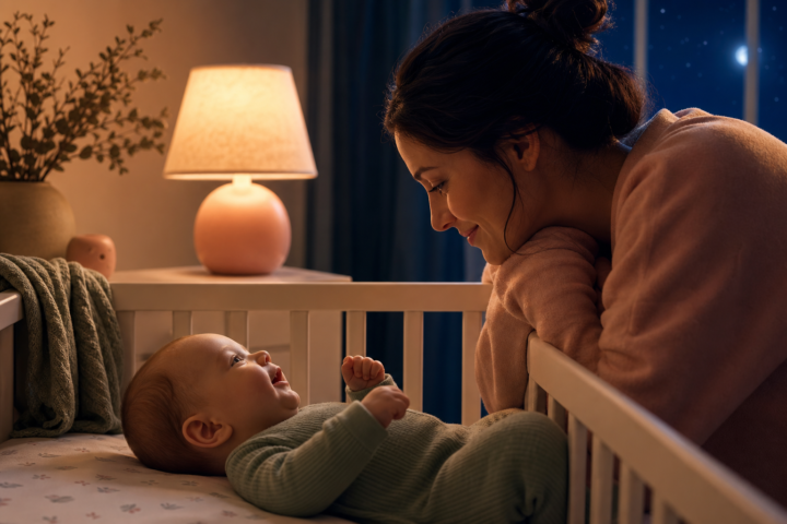 Baby lying in a crib and cooing while a parent leans over the rail and smiles.